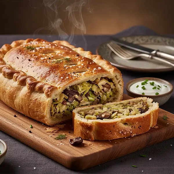 Christmas Kulebiak with Cabbage and Mushrooms