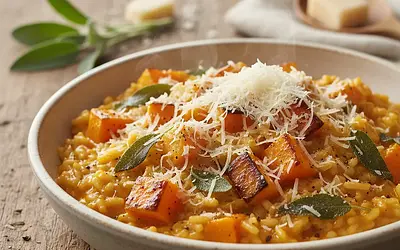 Creamy risotto with roasted pumpkin, sage, and parmesan