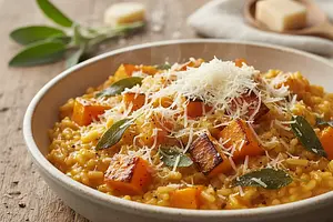 Creamy risotto with roasted pumpkin, sage, and parmesan