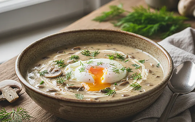 Kremowa Kulajda z grzybami leśnymi i jajkiem w koszulce