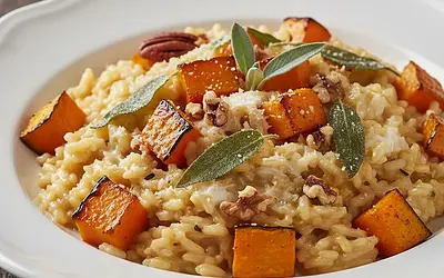 Kremowe risotto z pieczoną dynią, szałwią i prażonymi orzechami