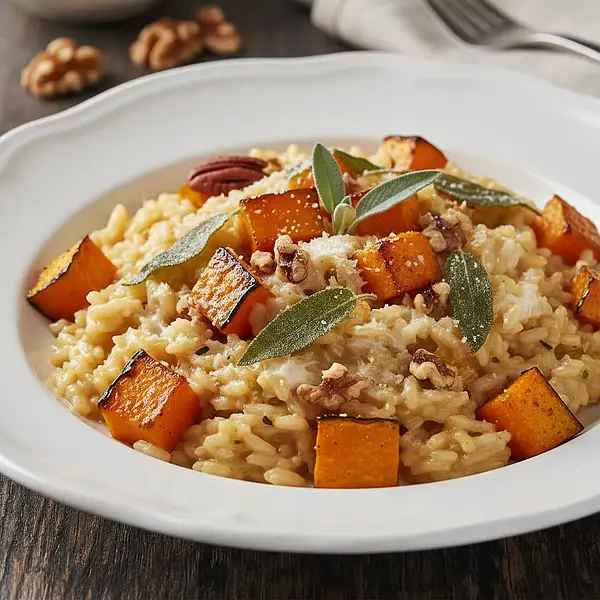 Kremowe risotto z pieczoną dynią, szałwią i prażonymi orzechami