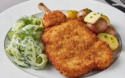 Schabowy z Mizerią i Młodymi Ziemniaczkami