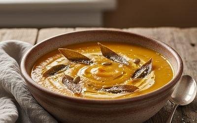 Aksamitny krem z pieczonej dyni z chrupiącym chipsem z szałwii