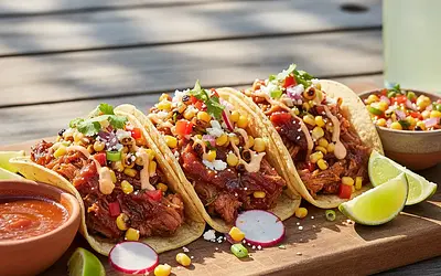 Tacos z Szarpaną Wieprzowiną w Sosie Guawa-Chipotle i Salsą z Pieczonej Kukurydzy