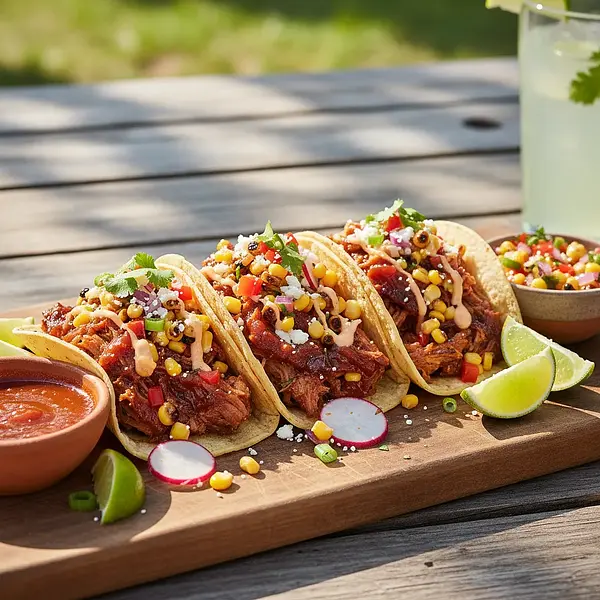 Tacos z Szarpaną Wieprzowiną w Sosie Guawa-Chipotle i Salsą z Pieczonej Kukurydzy