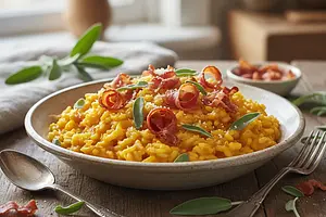 Kremowe Risotto z Dynią, Szałwią i Chrupiącym Prosciutto