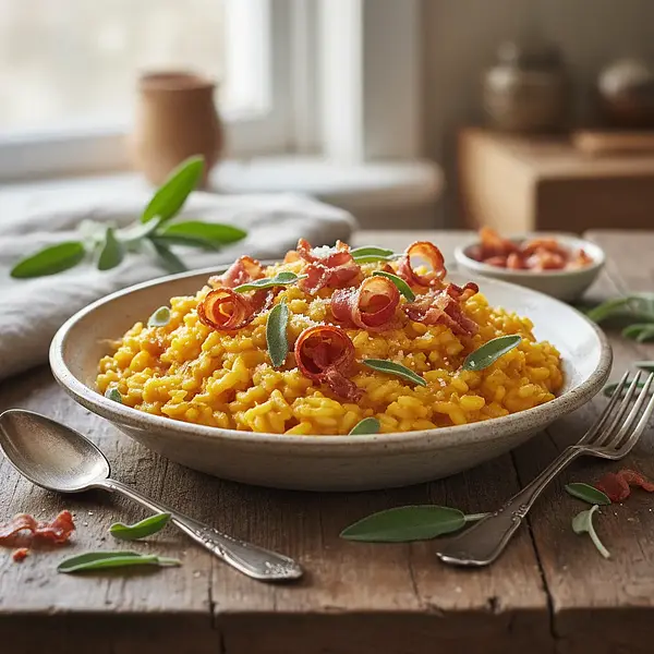 Kremowe Risotto z Dynią, Szałwią i Chrupiącym Prosciutto