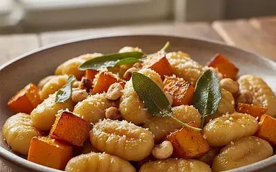 Kremowe gnocchi z pieczoną dynią, szałwią i orzechami laskowymi