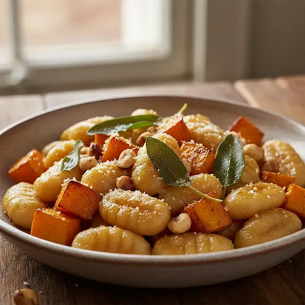 Kremowe gnocchi z pieczoną dynią, szałwią i orzechami laskowymi