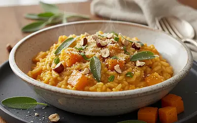 Kremowe Risotto z Dynią Piżmową, Szałwią i Orzechami Laskowymi