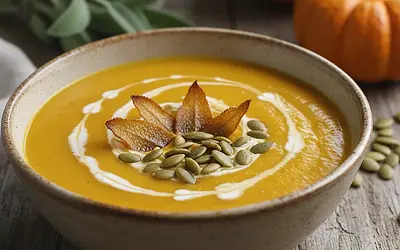 Aksamitny krem z pieczonej dyni z chipsem z szałwii i prażonymi pestkami