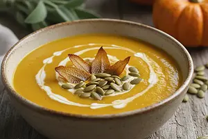 Aksamitny krem z pieczonej dyni z chipsem z szałwii i prażonymi pestkami
