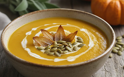 Aksamitny krem z pieczonej dyni z chipsem z szałwii i prażonymi pestkami