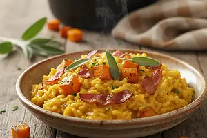 Jesienne Risotto z Dynią, Szałwią i Chrupiącym Boczkiem