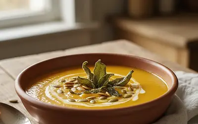 Aksamitny krem z pieczonej dyni z chipsem z szałwii i prażonymi pestkami