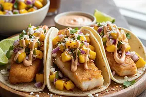 Tacos de Pescado z Salsą Mango-Chipotle i Kremowym Sosem