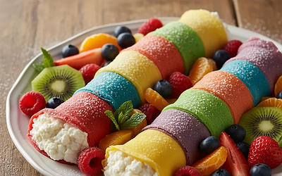 Tęczowe Naleśniki-Gąsieniczki z Twarożkiem i Owocami