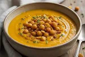 Kremowa zupa z pieczonej dyni i marchewki z chrupiącą ciecierzycą