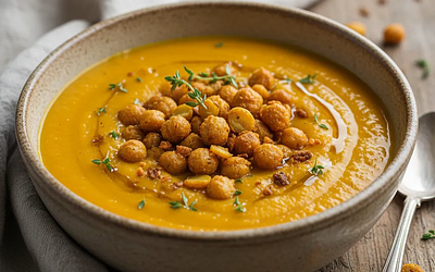 Kremowa zupa z pieczonej dyni i marchewki z chrupiącą ciecierzycą