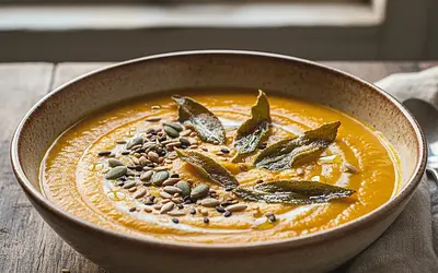 Aksamitny krem z pieczonej dyni z chipsem z szałwii i prażonymi pestkami