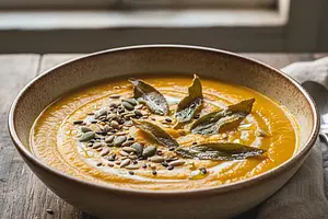 Aksamitny krem z pieczonej dyni z chipsem z szałwii i prażonymi pestkami