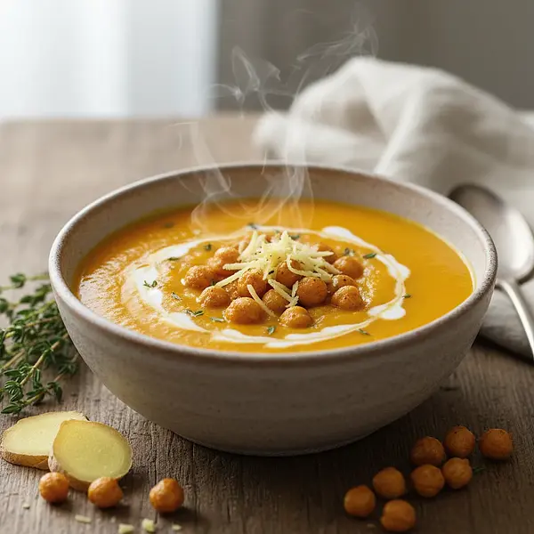 Aksamitny Krem z Pieczonej Dyni i Marchewki z Chrupiącą Ciecierzycą i Nutą Imbiru