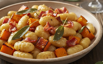 Kremowe gnocchi z palonym masłem szałwiowym, pieczoną dynią i chrupiącą pancettą