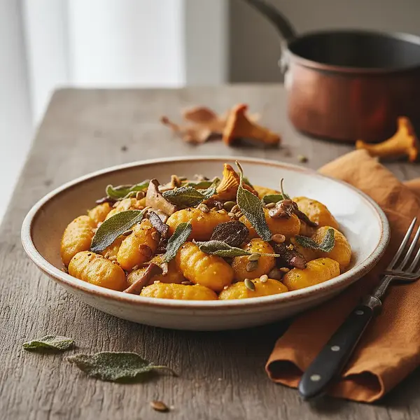 Kremowe Gnocchi w Sosie Dyniowym z Chrupiącą Szałwią i Grzybami Leśnymi