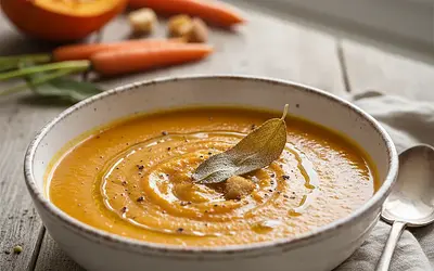 Velvety cream of roasted pumpkin and carrot with sage chip