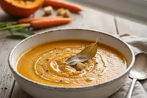 Velvety cream of roasted pumpkin and carrot with sage chip