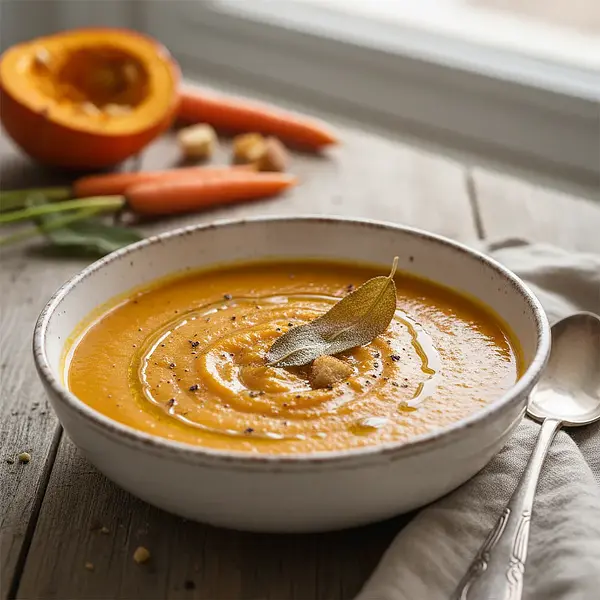 Velvety cream of roasted pumpkin and carrot with sage chip