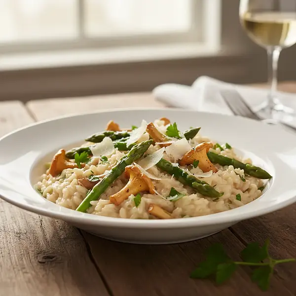 Creamy risotto with chanterelles, asparagus, and parmesan