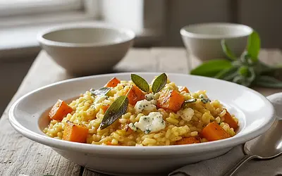 Creamy risotto with roasted pumpkin, sage, and gorgonzola cheese