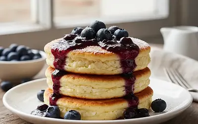 Fluffy Cottage Cheese Pancakes 'Forest Gnomes' with Blueberry Sauce