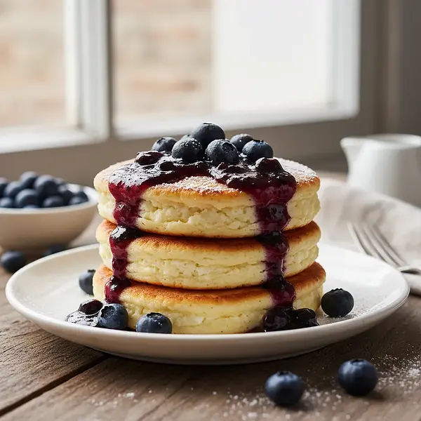Fluffy Cottage Cheese Pancakes 'Forest Gnomes' with Blueberry Sauce