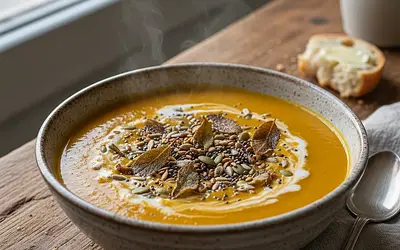 Velvety roasted pumpkin cream with crispy sage and toasted seeds