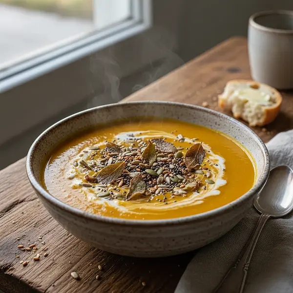 Velvety roasted pumpkin cream with crispy sage and toasted seeds