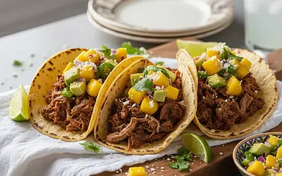 Tacos with Shredded Beef Barbacoa and Mango Avocado Salsa