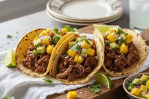 Tacos with Shredded Beef Barbacoa and Mango Avocado Salsa