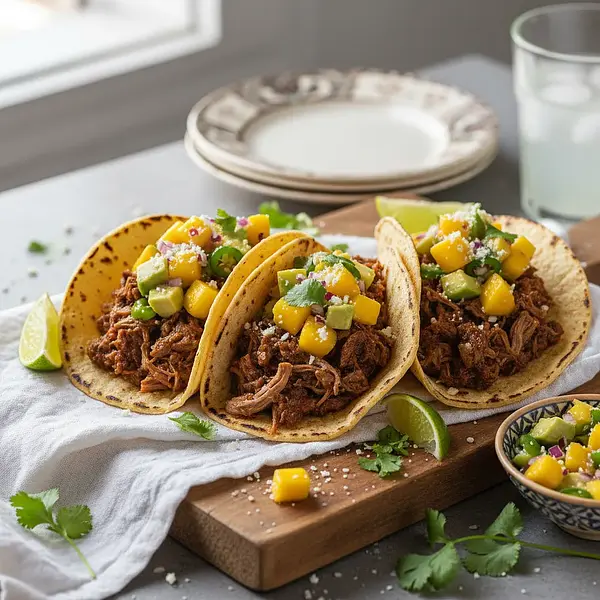 Tacos z Szarpaną Wołowiną Barbacoa i Salsą z Mango i Awokado