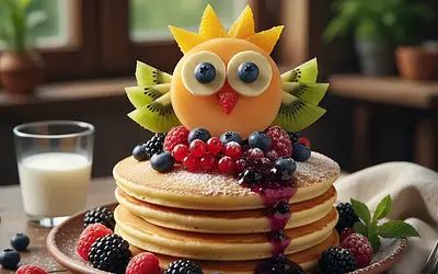 Forest Blueberry Pancakes with Owl Made of Fruit