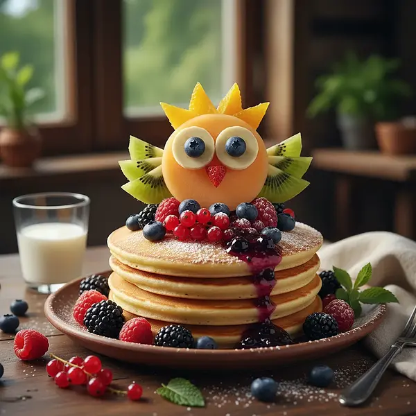 Forest Blueberry Pancakes with Owl Made of Fruit