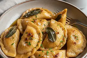 Baked Dumplings with Pumpkin, Sage, and Ricotta Cheese in Brown Butter Sauce