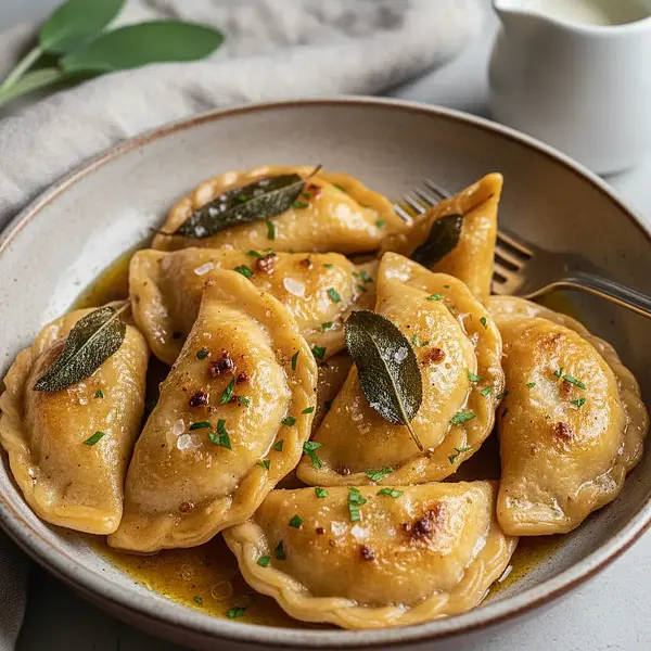 Pieczone Pierogi z Dynią, Szałwią i Serem Ricotta w Sosie z Palonego Masła