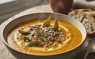 Velvety roasted pumpkin cream with crispy sage and toasted seeds