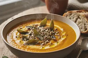 Velvety roasted pumpkin cream with crispy sage and toasted seeds