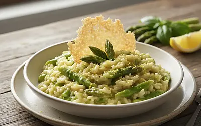 Creamy risotto with asparagus, parmesan chips, and a hint of lemon