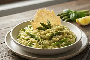 Creamy risotto with asparagus, parmesan chips, and a hint of lemon
