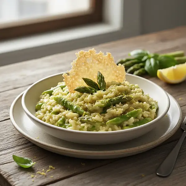 Creamy risotto with asparagus, parmesan chips, and a hint of lemon